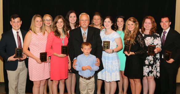 Texas A&M University Bob Ondrusek Memorial Scholarship recipients for 2016-2017: Bryan "Bo" Garcia, McKensie Harris, Micki Gooch, Aeriel Belk, Madalynn Kainer, Jim Ondrusek and grandson, Jordan Hevner, Clay Eastwood, Hillary Henderson, Emily June Kelley, Katy Jo Nickelson, and Drew Cassens (photo courtesy of Davey Griffin)