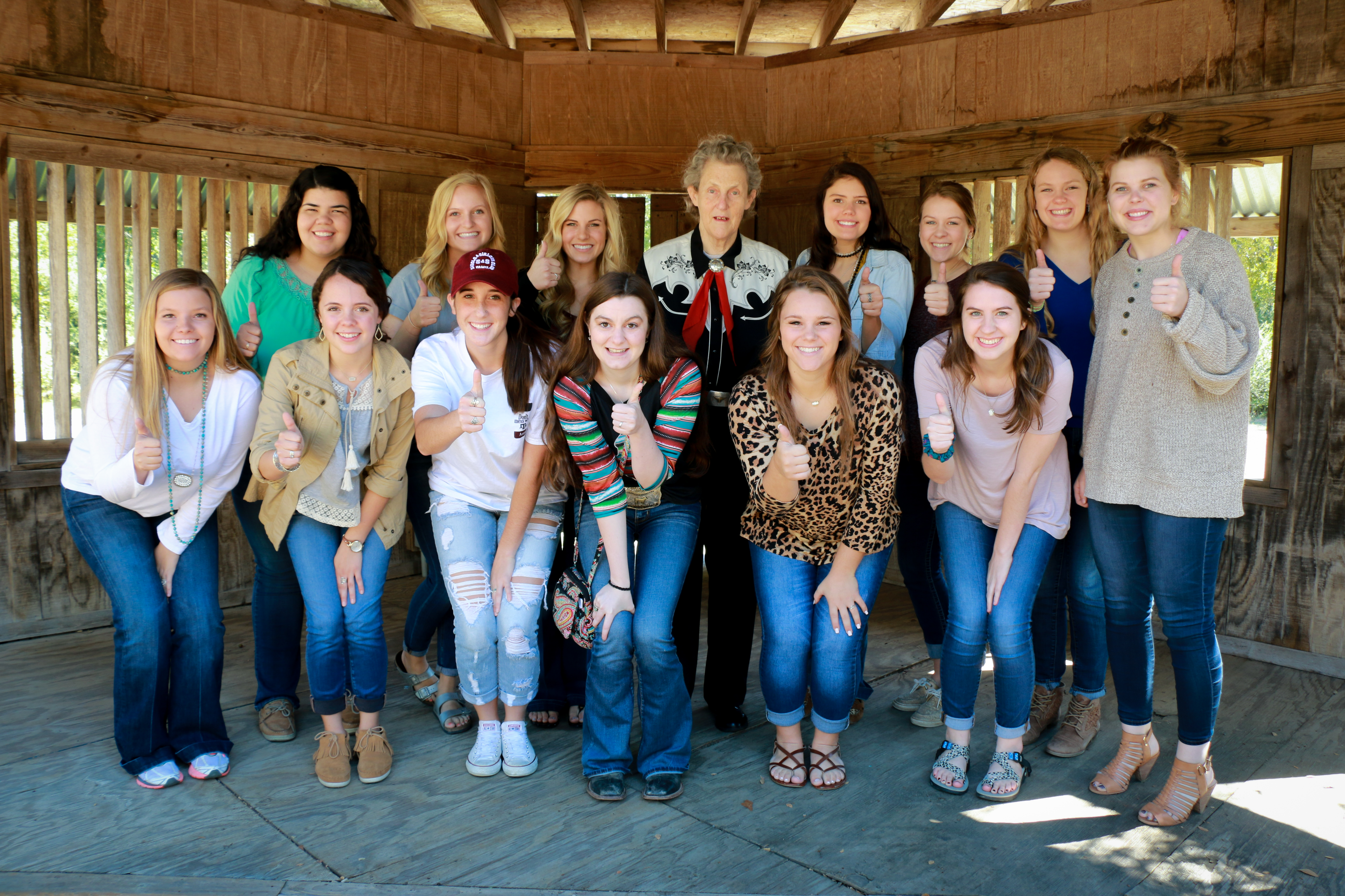 Students having lunch with Dr. Grandin