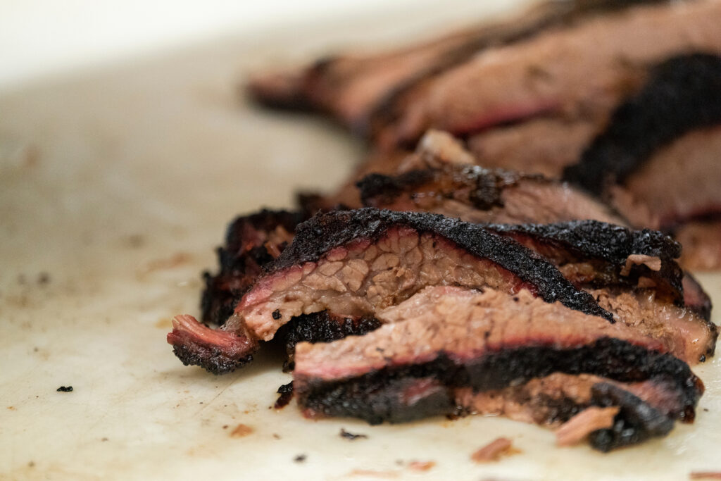 Cut pieces of meat on a surface.