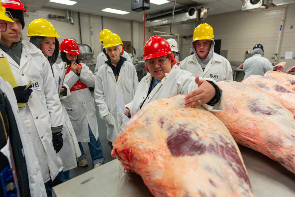 Small group of people wearing helmets and long lab coats looking at large cuts of meat on metal table. 