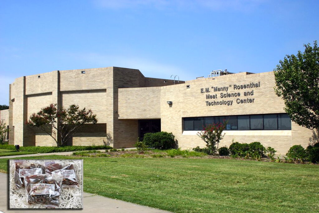 The front of the Rosenthal Meat Science and Technology Center with inset image of a package of meat.