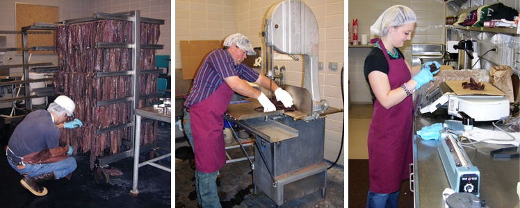 Series of three images: Man working on jerky on racks, man processing jerky and woman weighing jerky.