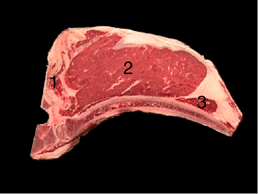 Beef loin top loin streak with a black background. Different parts of the meat are labeled with numbers identifying the different parts. 