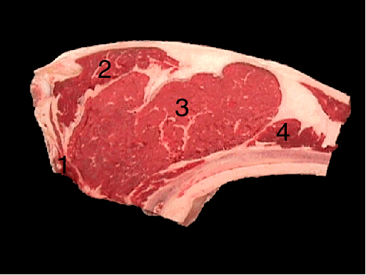 Beef rib steak, small end with a black background. Different parts of the meat are labeled with numbers identifying the different parts. 