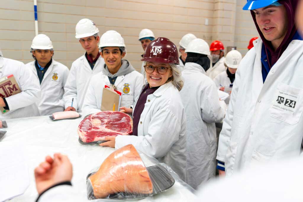 Group of students in hard hats and lab coats judging large cuts of meat on table.